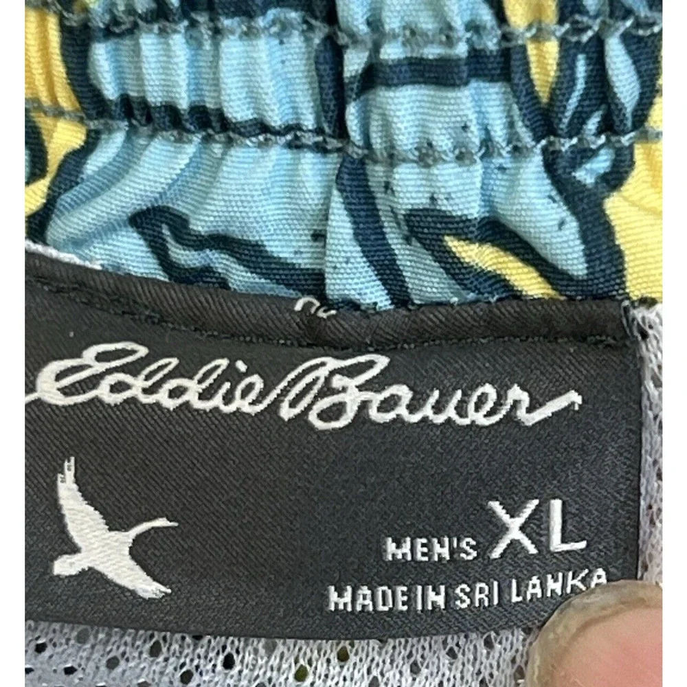 Eddie Bauer Swim Trunks Men's XL Yellow Blue Tropical Beach Pockets Drawstring